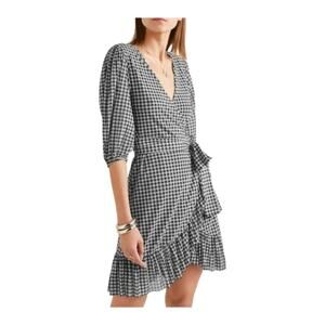 NWT GANNI Gingham Ruffle Wrap Dress Plaid Black and White Size EU 32 / US 0